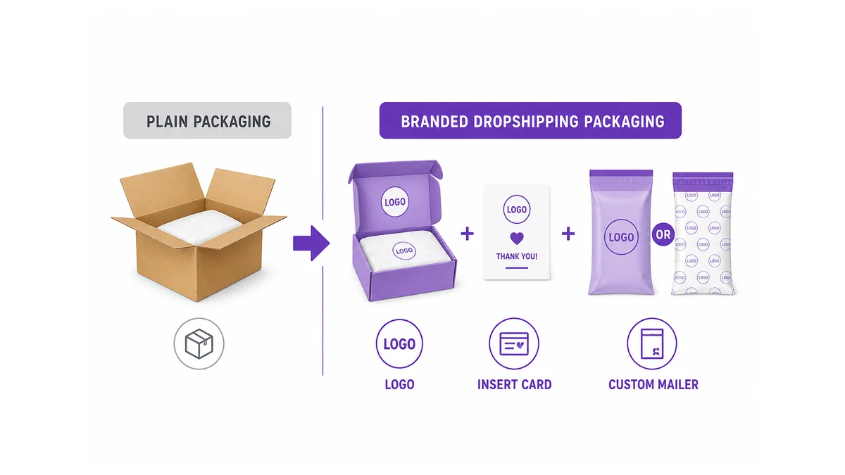 standart düz ambalaj ile logolu, ek kart ve özel kurye çantası seçenekleri içeren markalı dropshipping ambalajını karşılaştıran diyagram